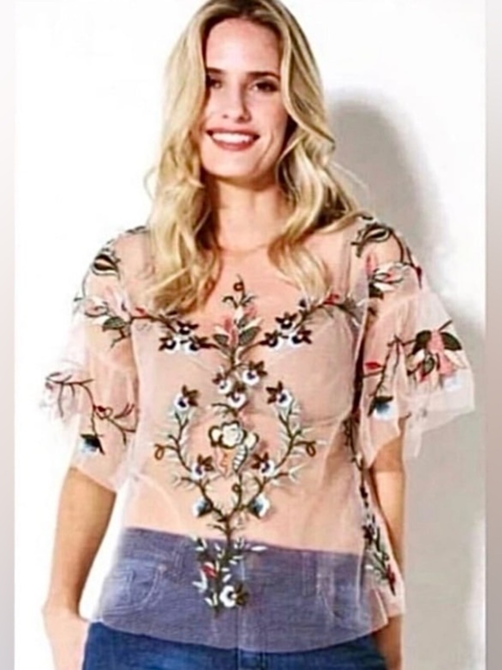 New DEX Boho Floral Embroidered Sheer Pink Tulle Blouse S